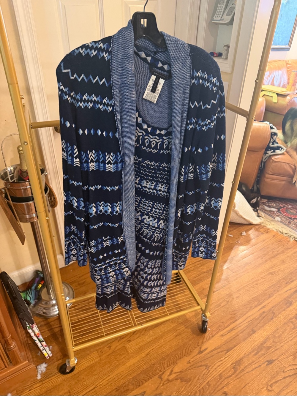 BCBGMaxAzria Navy and White Patterned dress and Open-Front Cardigan